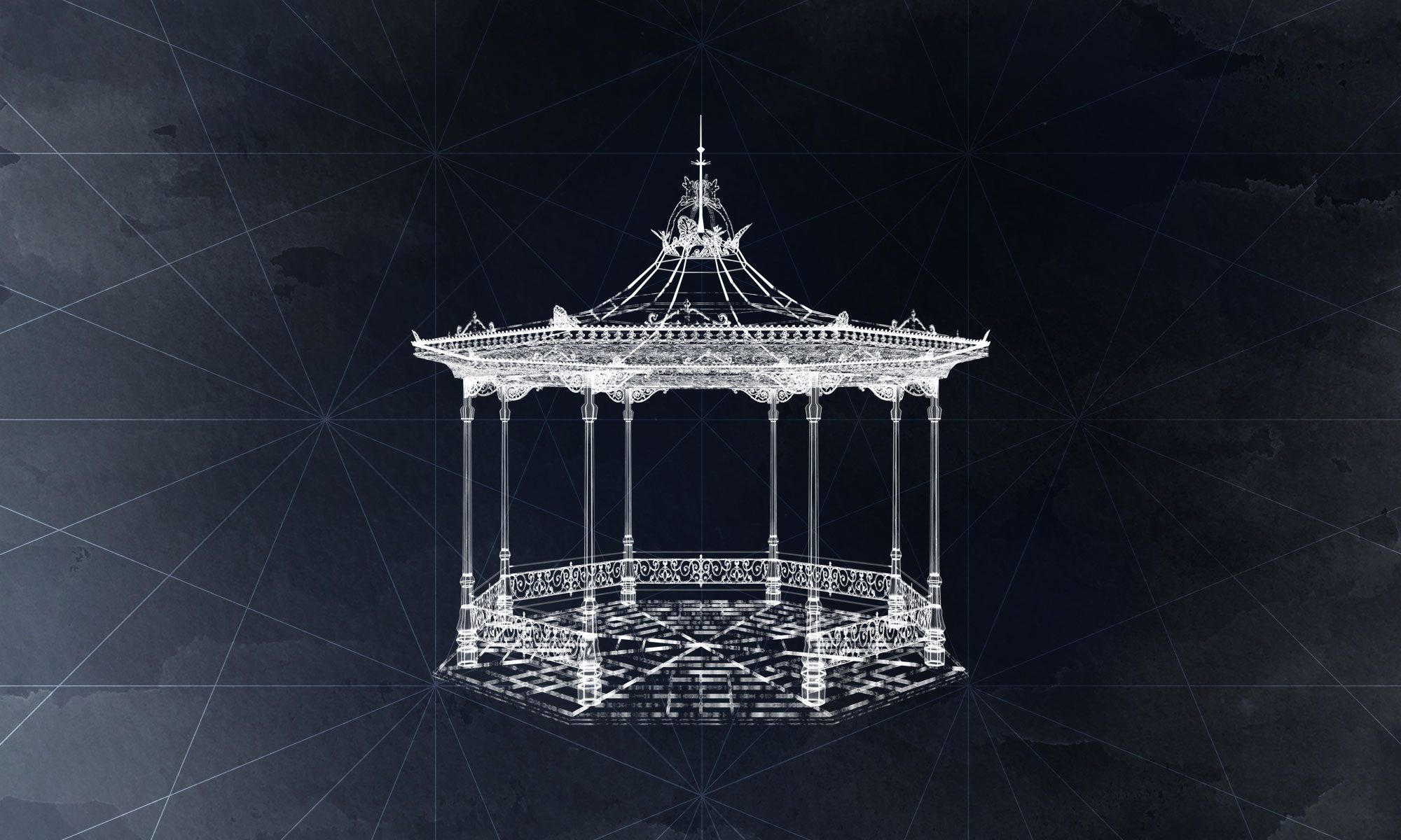 A blueprint style illustration of a bandstand in white against a dark background.