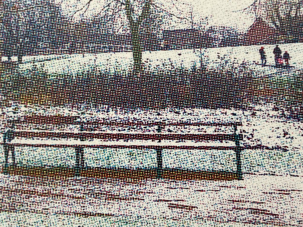 Artwork by Lizzie King. An empty bench sits in a park, infront of bushes and bare trees. There is light snow on the bench and ground, and the sky is white. In the background are three figures which appear to be a family playing in the snow. The image is produced with a 'halftone' technique so appears slightly fuzzy with a reduced colour palette of mainly red and green. It is in landscape format like a postcard.