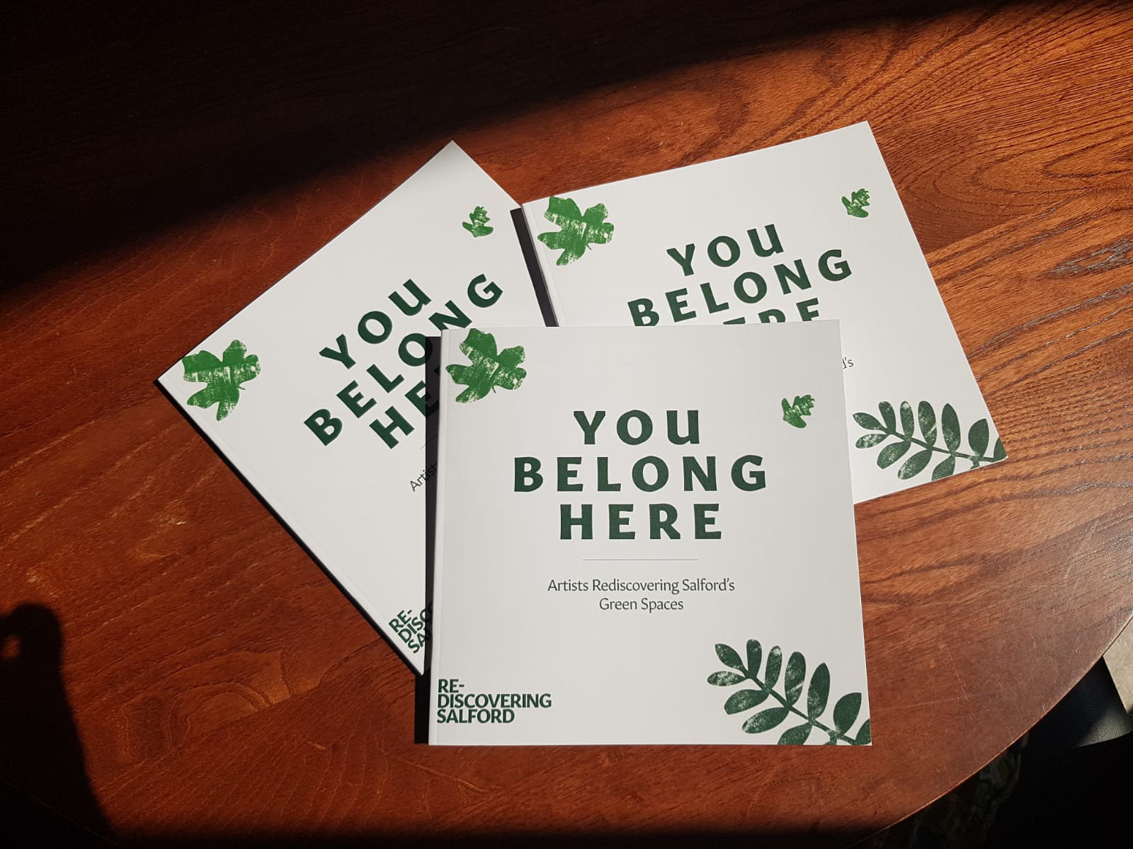 Three white square booklets are piled together on a wooden table. The cover reads "You Belong Here" and has a green leaf pattern. The booklets are an exhibition brochure. 